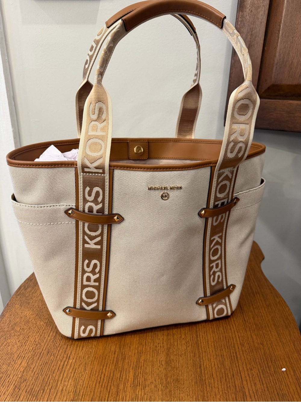 Michael Kors Cream Canvas Tote with Tan Leather Trim